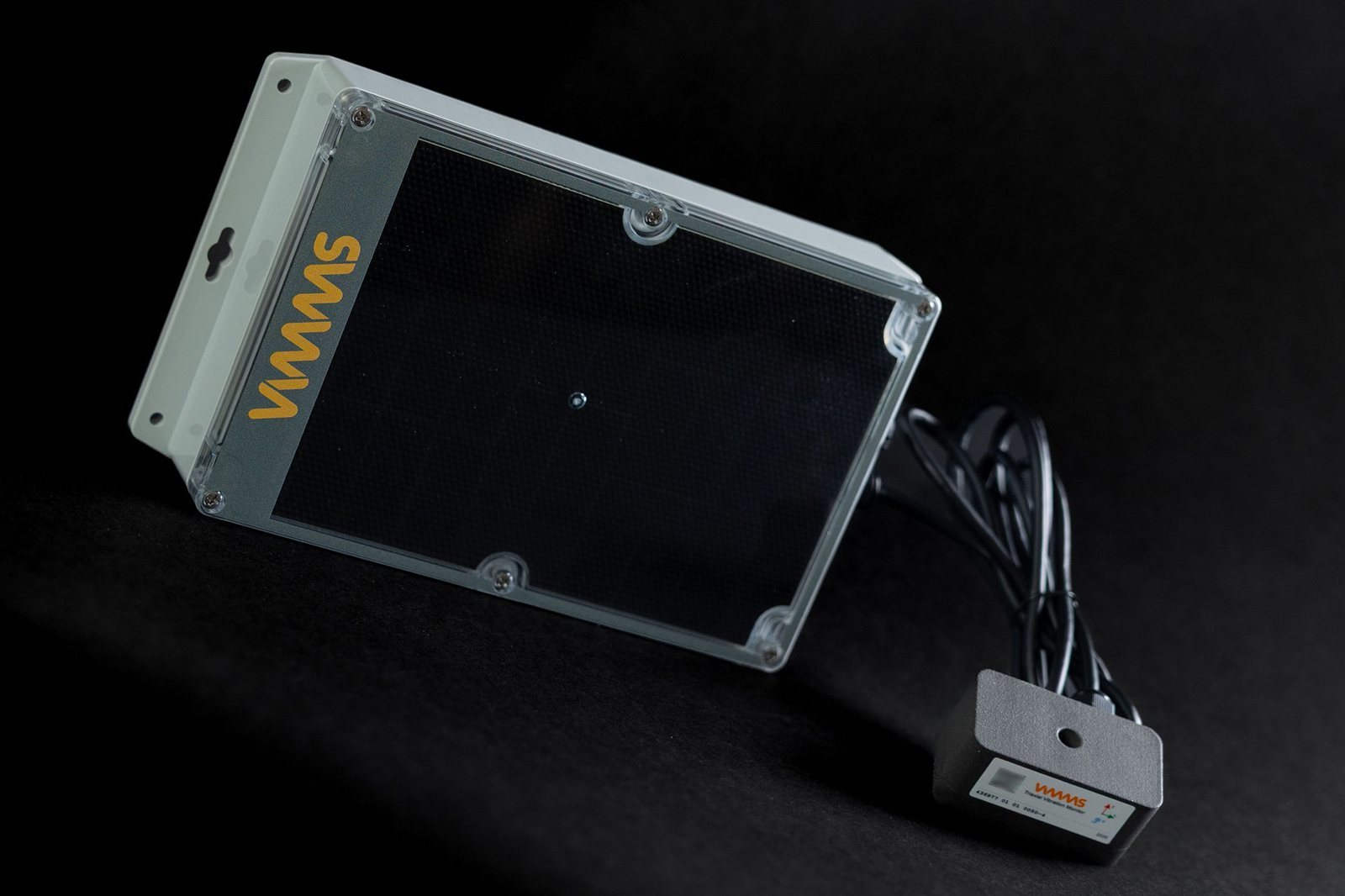 VIMMS Vibration Monitor with geophone sensor, angled front view